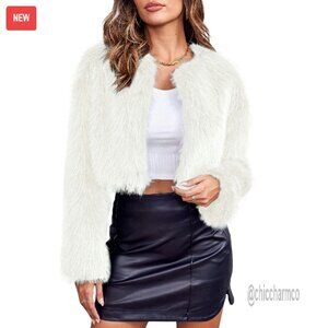 Cropped Faux Fur Jacket Open Front Cardigan Fluffy Parka Coat